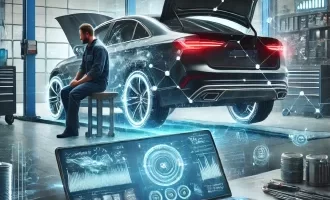 DALL·E 2024-12-13 14.25.16 - A high-tech automotive repair shop setting, featuring a mechanic using a laptop connected to a modern car for diagnostics. The car's hood is open, and